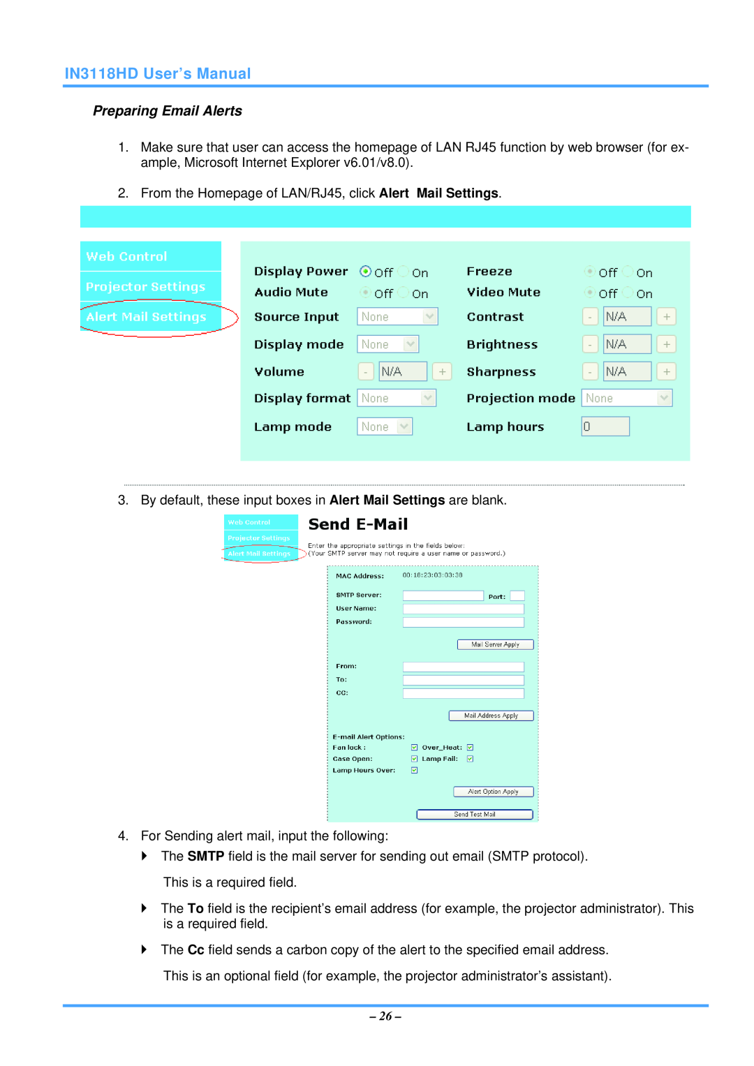 InFocus manual Preparing Email Alerts, IN3118HD User’s Manual 