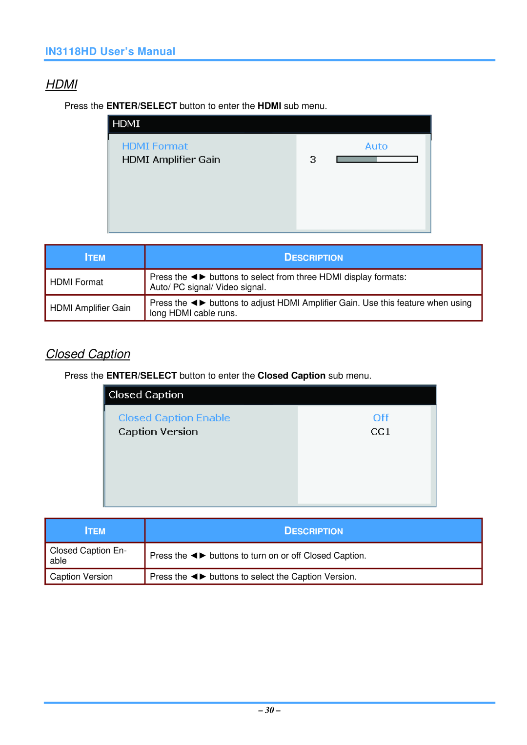 InFocus manual Hdmi, Closed Caption, IN3118HD User’s Manual, Press the ENTER/SELECT button to enter the HDMI sub menu 