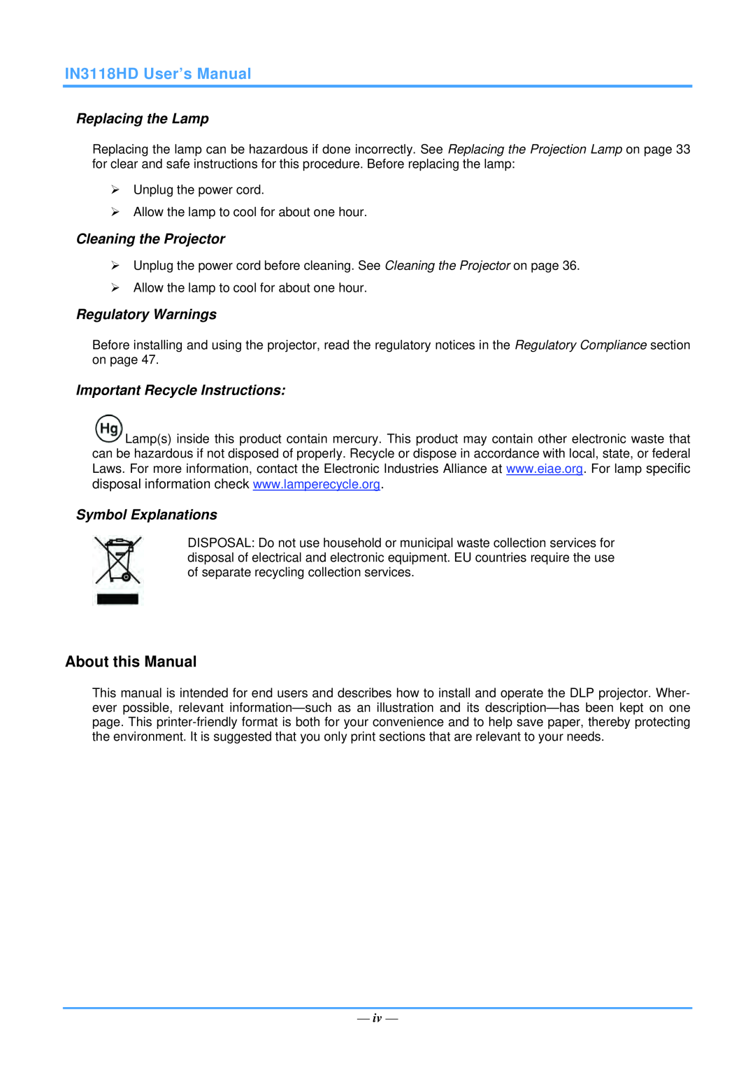 InFocus IN3118HD About this Manual, Replacing the Lamp, Cleaning the Projector, Regulatory Warnings, Symbol Explanations 