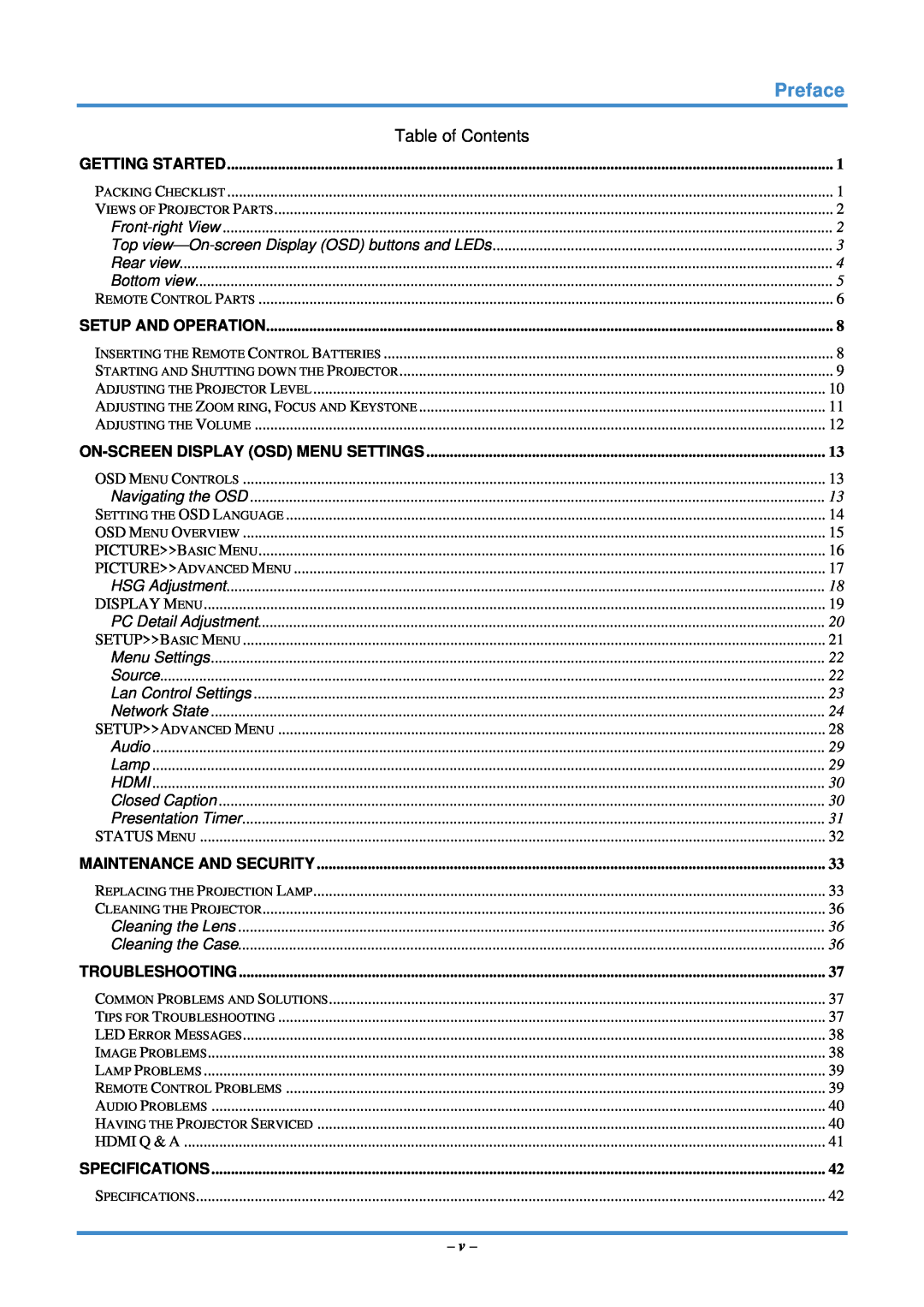 InFocus IN3118HD manual Preface, Getting Started, Setup And Operation, On-Screen Display Osd Menu Settings, Troubleshooting 