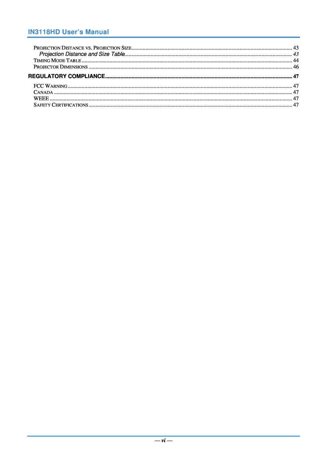 InFocus IN3118HD User’s Manual, Projection Distance Vs. Projection Size, Timing Mode Table, Projector Dimensions, Weee 