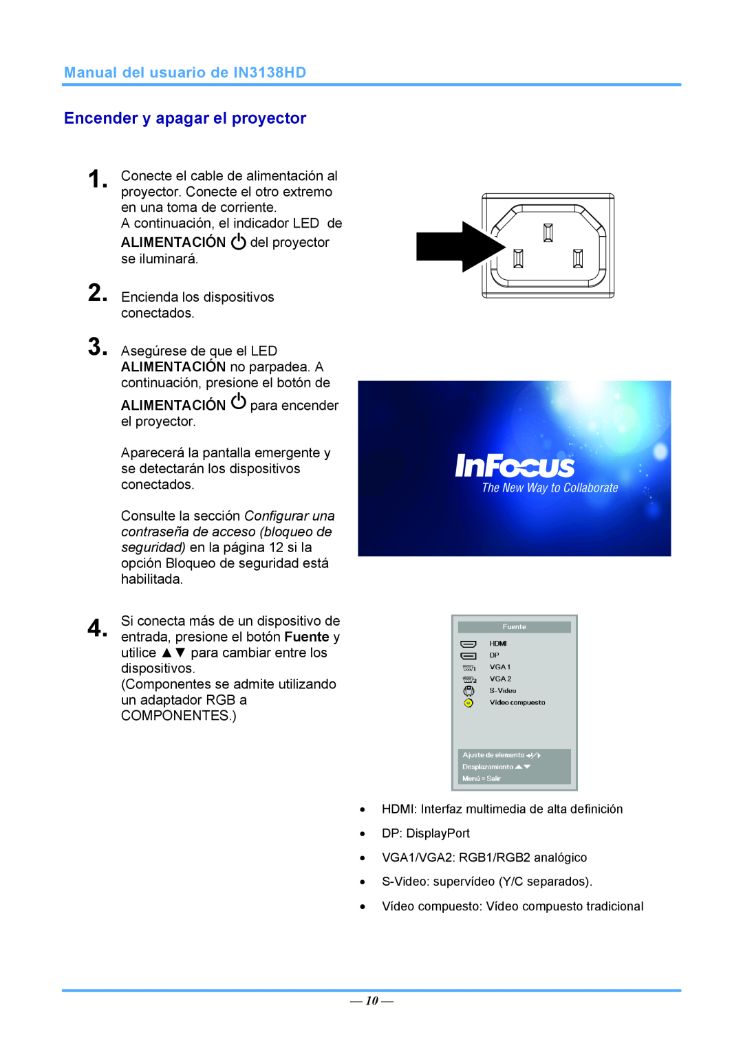 InFocus 3534324301 manual Encender y apagar el proyector, Manual del usuario de IN3138HD 