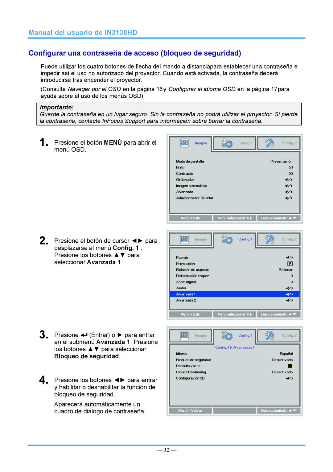 InFocus 3534324301 manual Manual del usuario de IN3138HD, Importante, Presione el botón MENÚ para abrir el menú OSD 