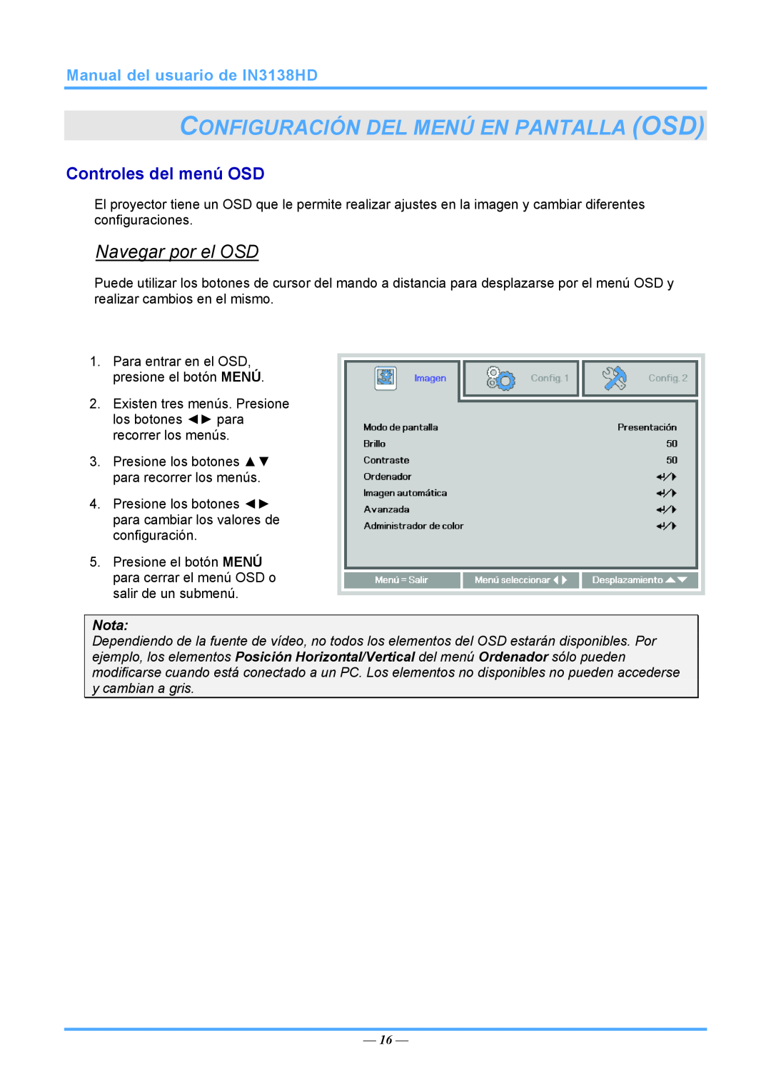 InFocus 3534324301, IN3138HD manual Configuración Del Menú En Pantalla Osd, Navegar por el OSD, Controles del menú OSD, Nota 