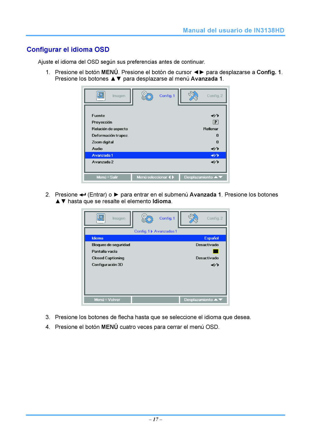 InFocus 3534324301 manual Configurar el idioma OSD, Manual del usuario de IN3138HD, 17 
