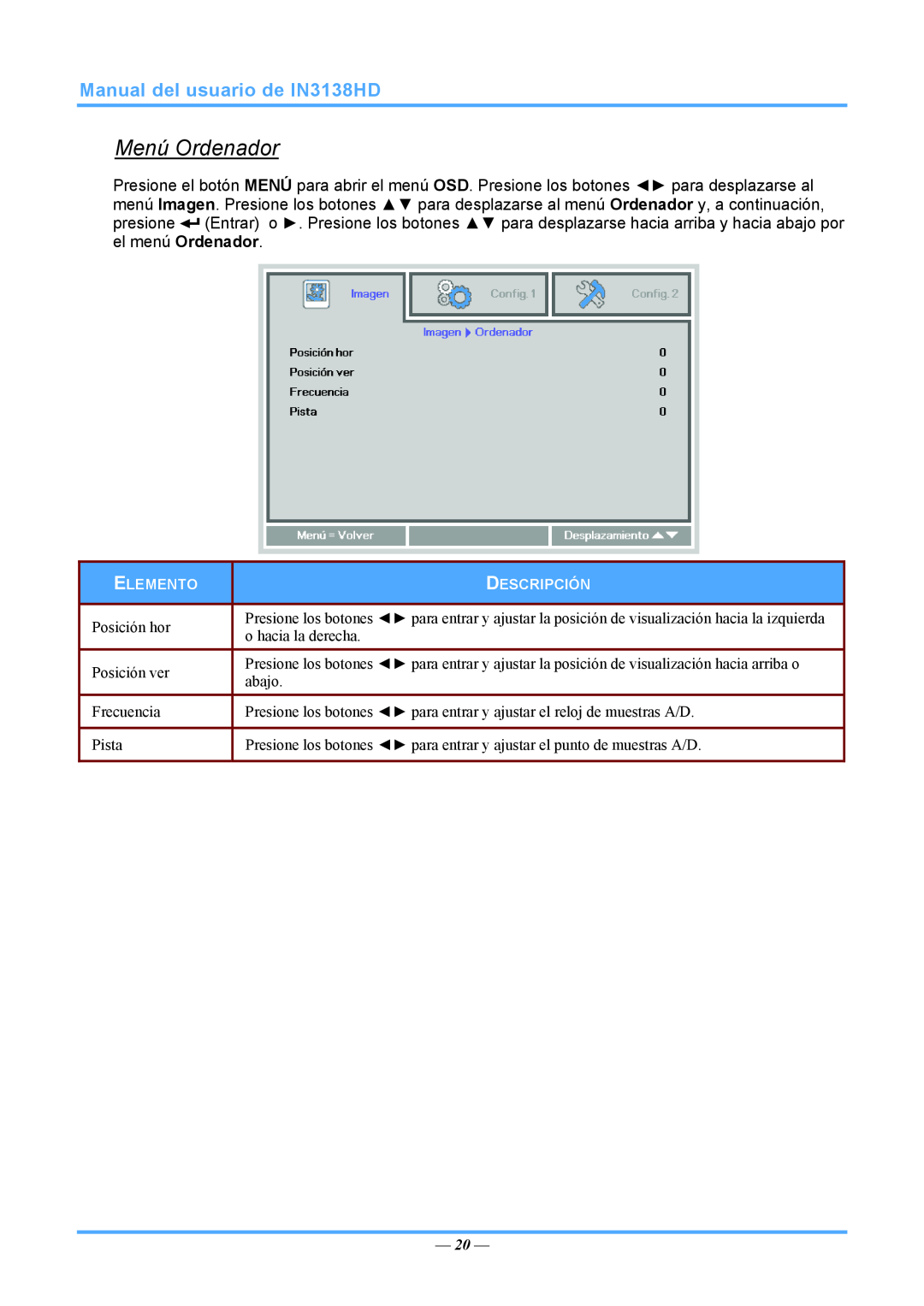 InFocus 3534324301 manual Menú Ordenador, Manual del usuario de IN3138HD 