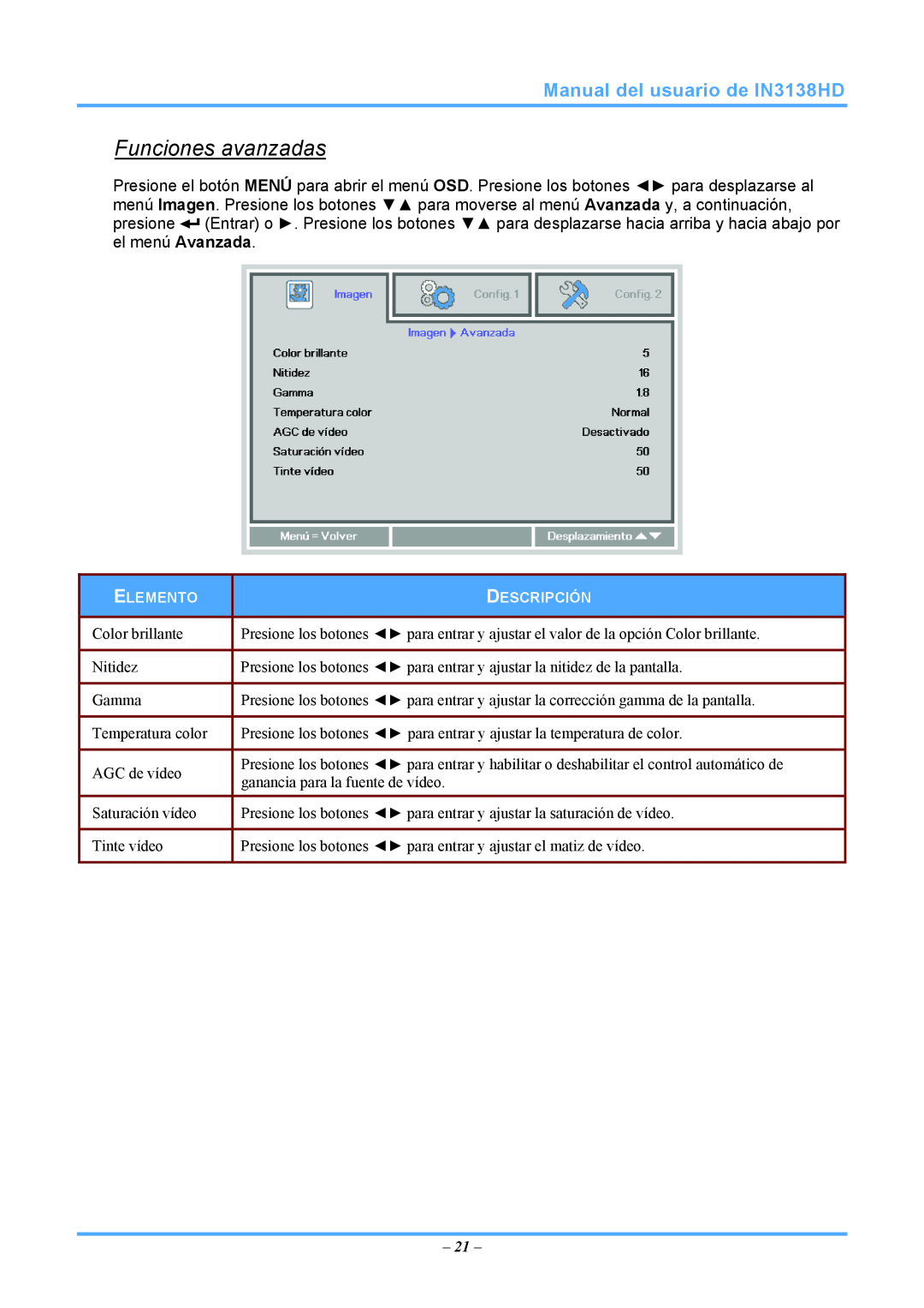 InFocus 3534324301 manual Funciones avanzadas, Manual del usuario de IN3138HD 