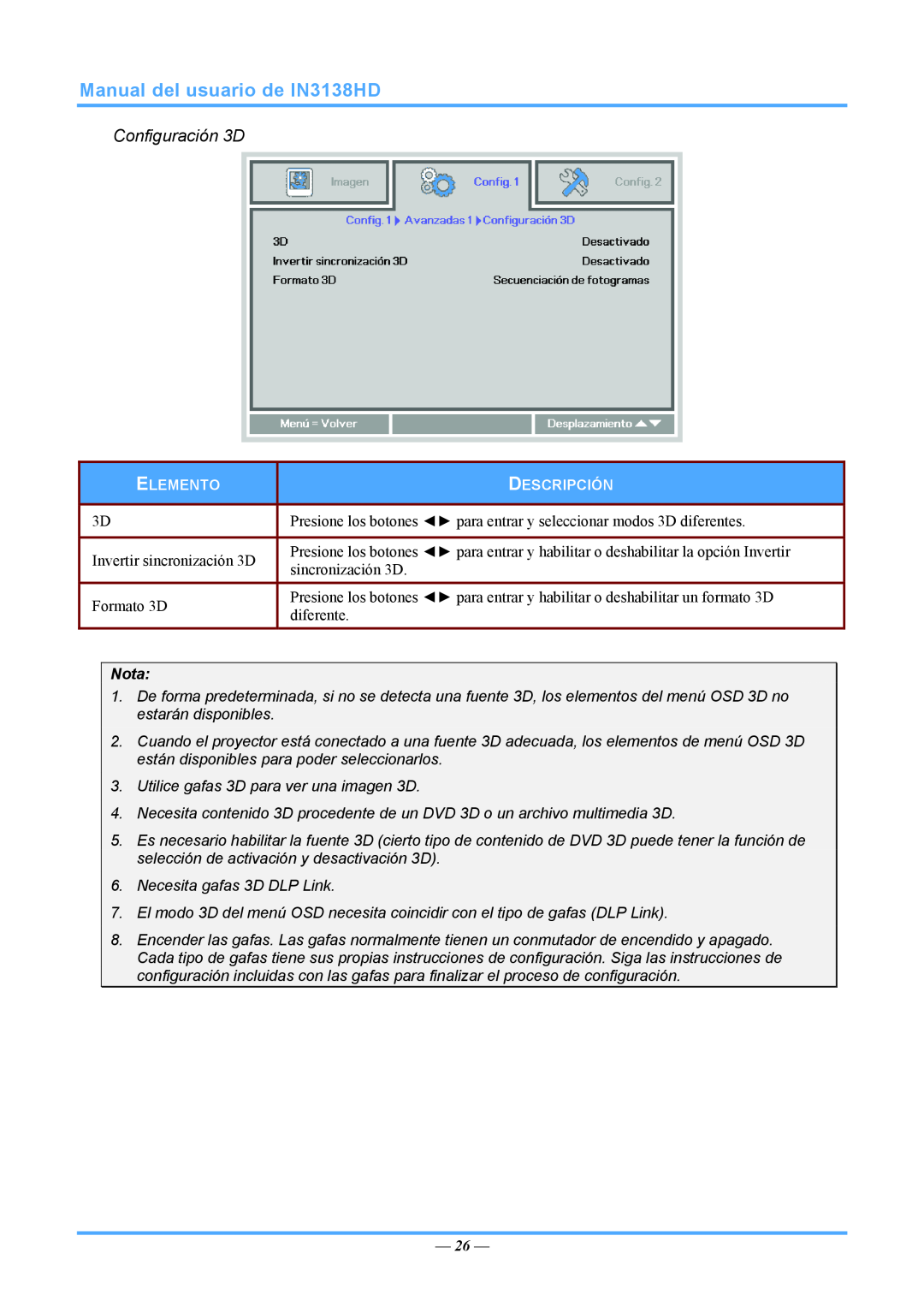 InFocus 3534324301 manual Manual del usuario de IN3138HD, Configuración 3D, Nota 
