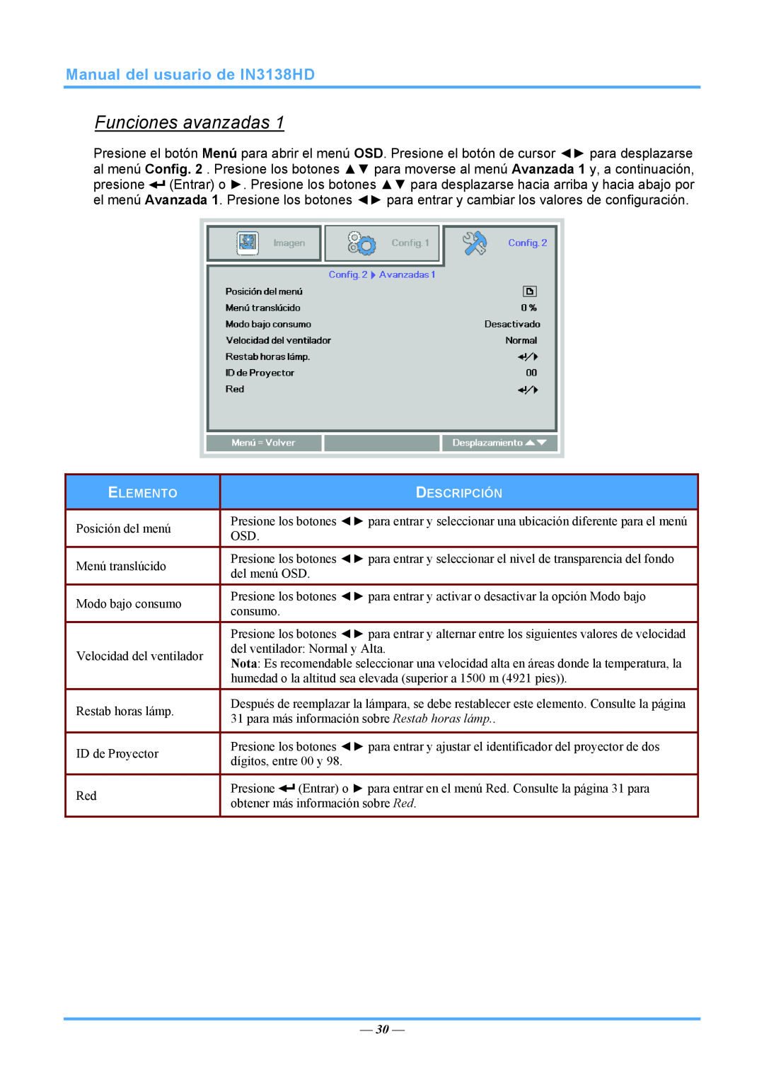 InFocus 3534324301 manual Funciones avanzadas, Manual del usuario de IN3138HD, Posición del menú 