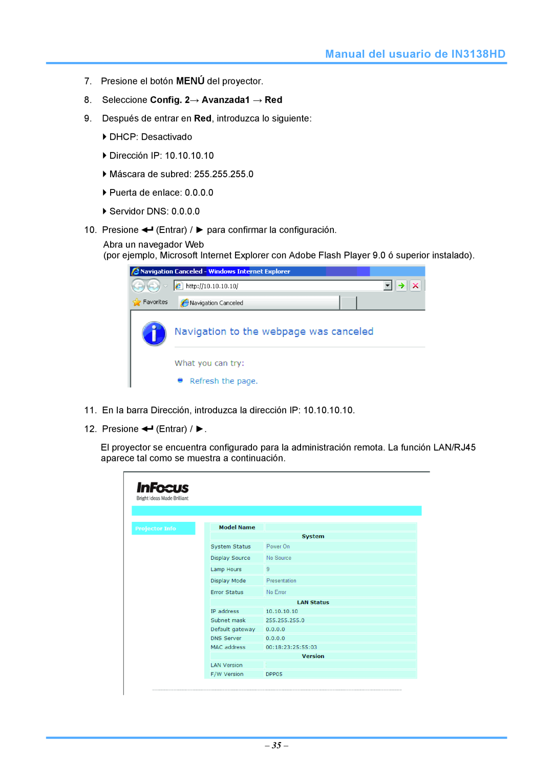 InFocus 3534324301 manual Manual del usuario de IN3138HD, Seleccione Config. 2→ Avanzada1 → Red 