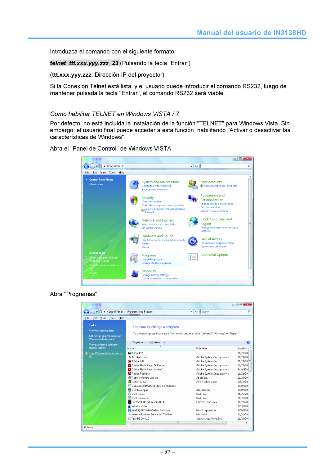 InFocus 3534324301 manual Manual del usuario de IN3138HD, Como habilitar TELNET en Windows VISTA 
