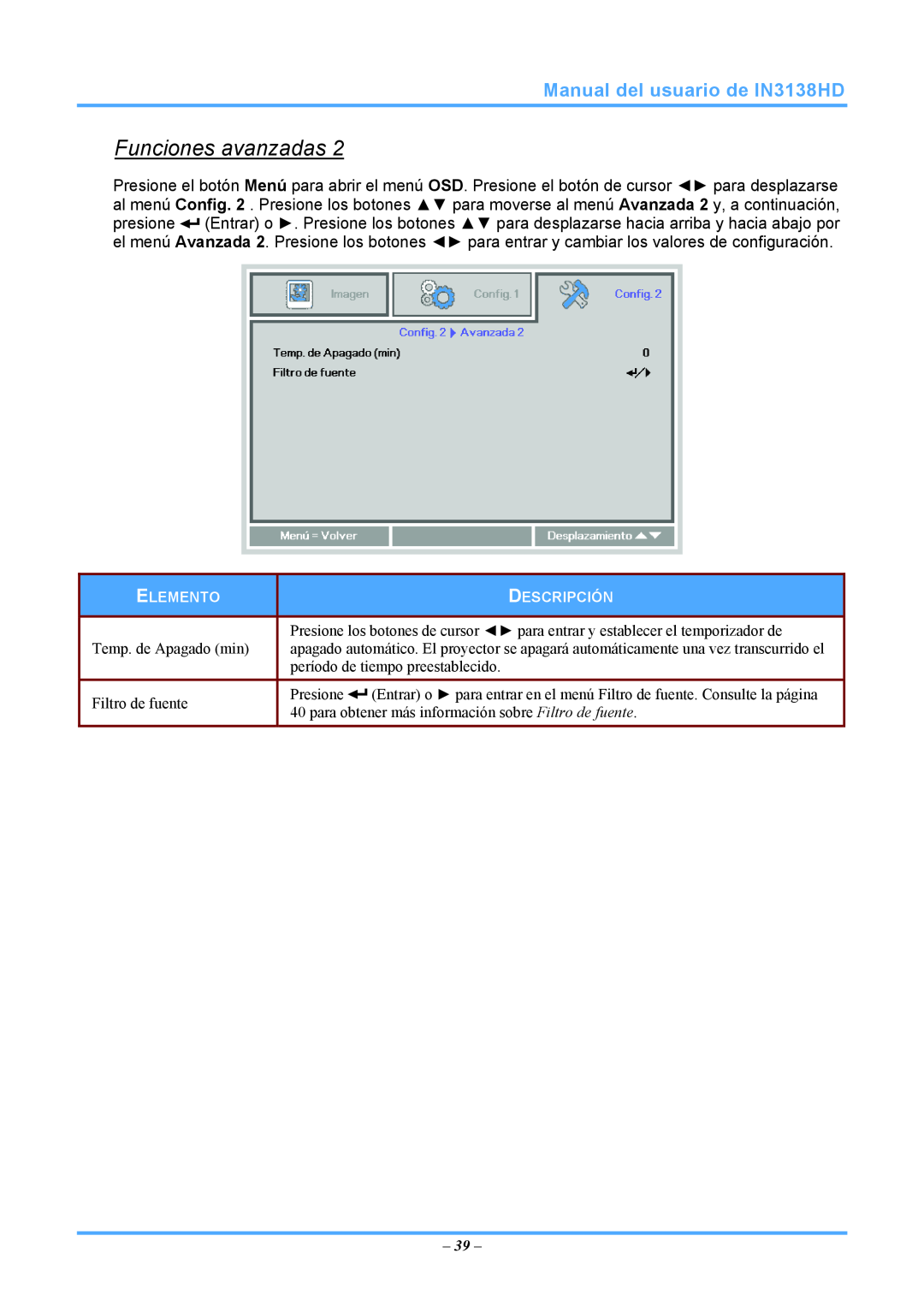 InFocus 3534324301 manual Funciones avanzadas, Manual del usuario de IN3138HD, Temp. de Apagado min 