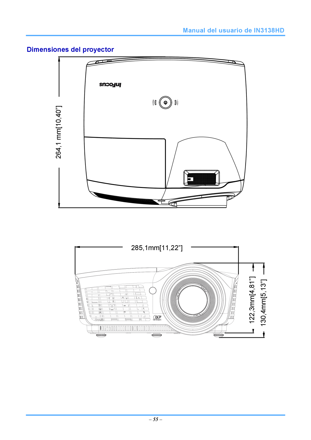 InFocus Dimensiones del proyector, 285,1mm11,22”, Manual del usuario de IN3138HD, 264,1.1mmmm10,40”.40, 130,4mm5,13” 