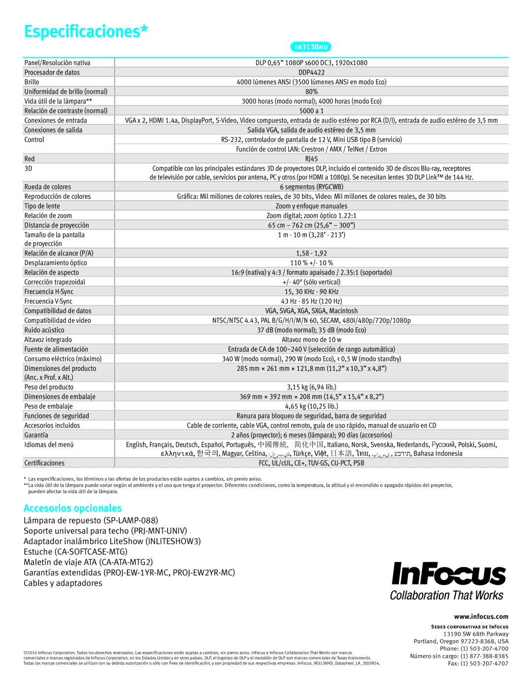 InFocus IN3138HD manual Especificaciones 