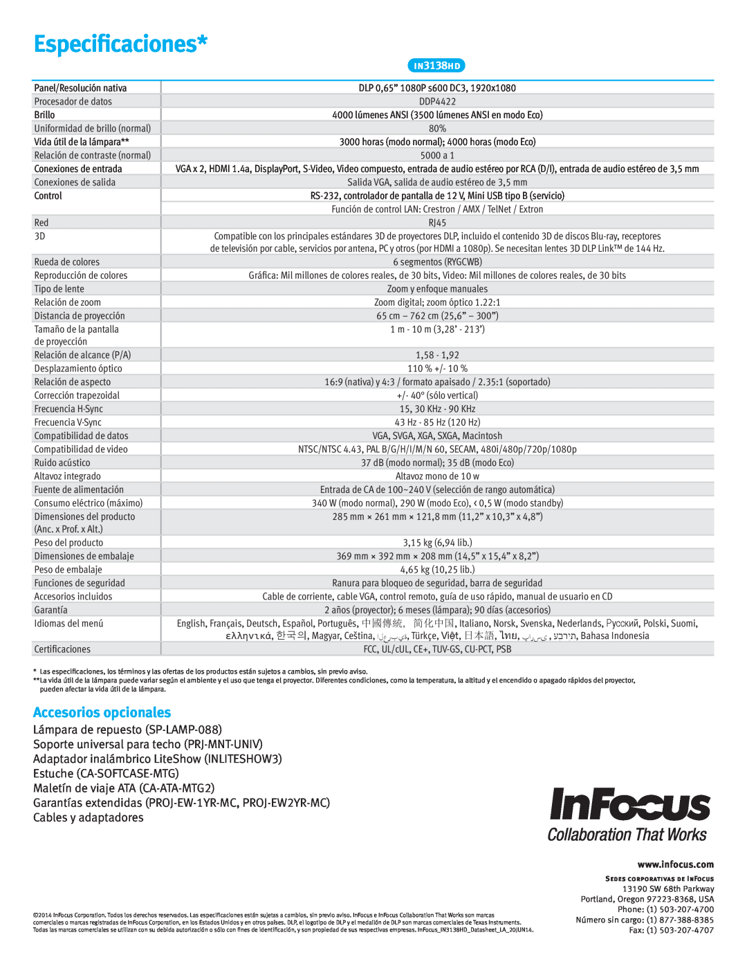 InFocus IN3138HD manual Especificaciones, Accesorios opcionales 