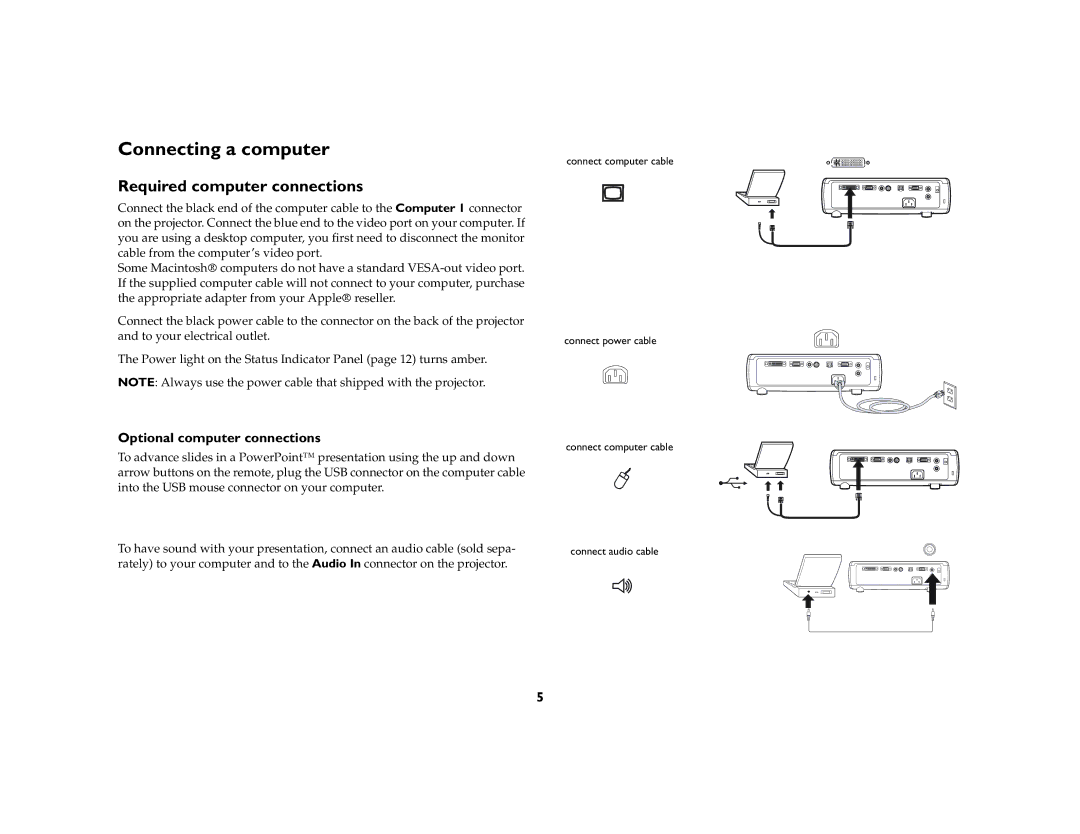 InFocus IN36, IN32, IN34 manual Connecting a computer, Required computer connections, Optional computer connections 