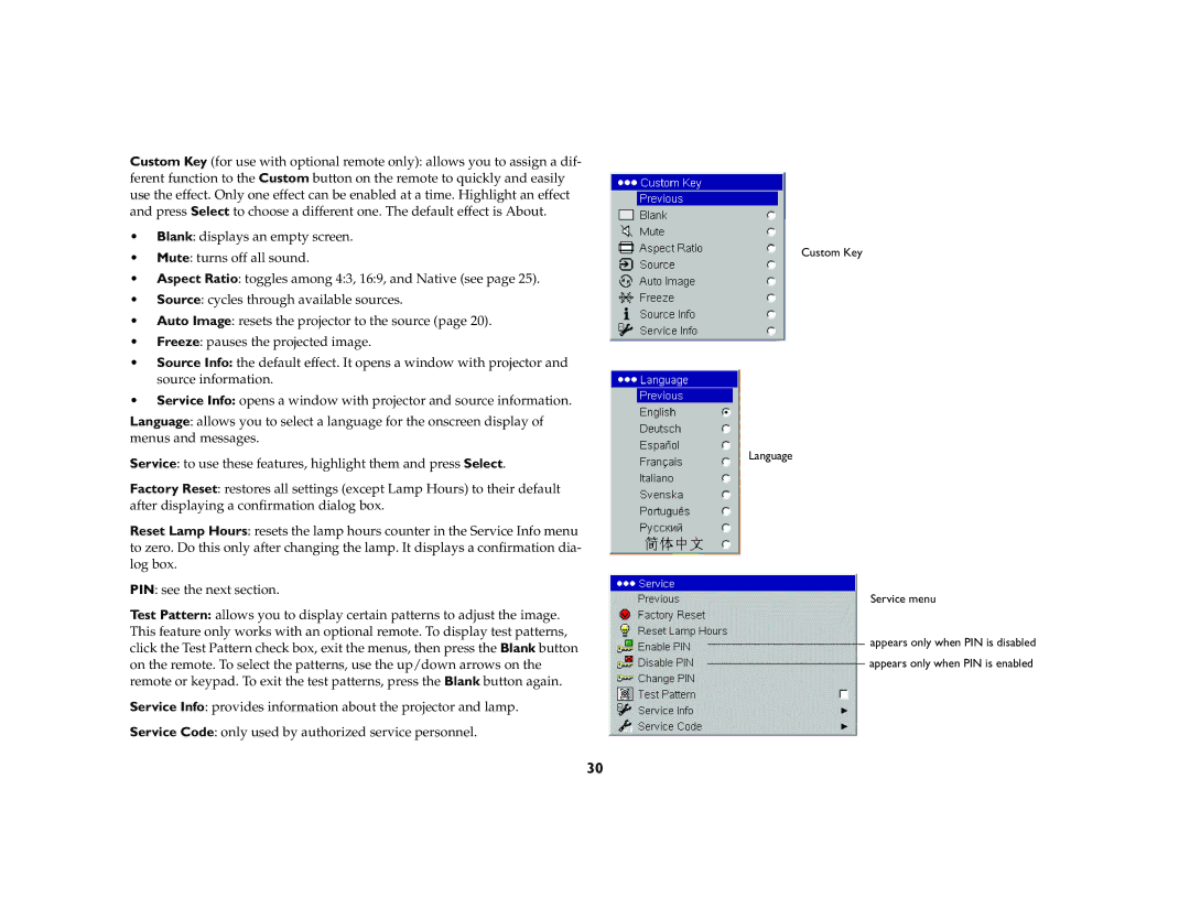 InFocus IN32, IN34, IN36 manual Custom Key Language Service menu 