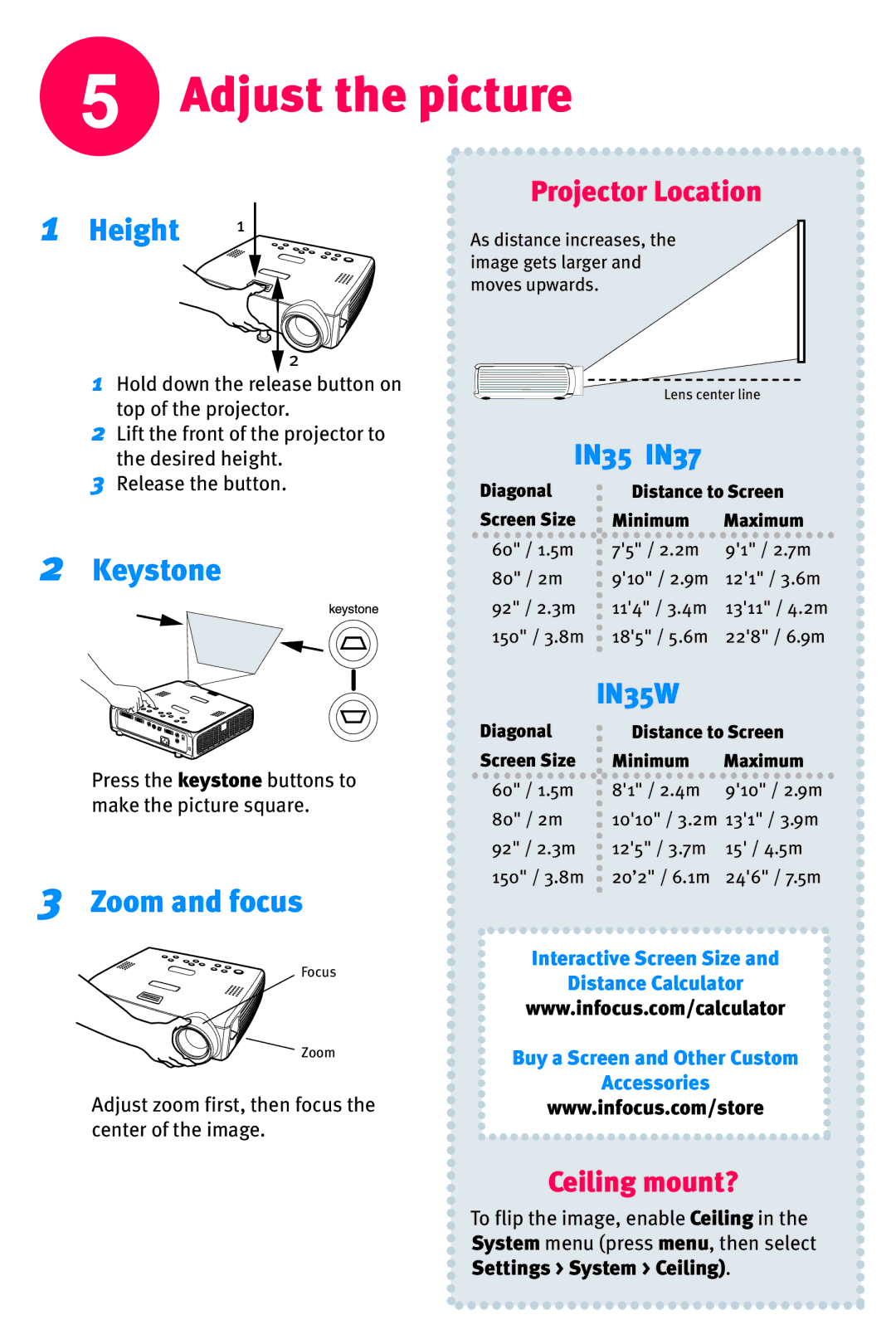 InFocus IN37 Adjust the picture, Height, Keystone, Zoom and focus, Diagonal Distance to Screen Screen Size Minimum Maximum 