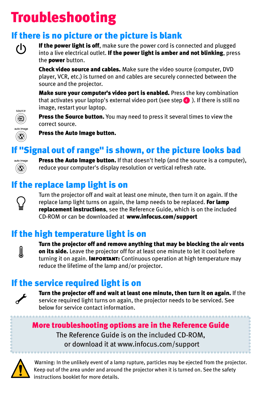 InFocus IN35W, IN37 Troubleshooting, If there is no picture or the picture is blank, If the service required light is on 