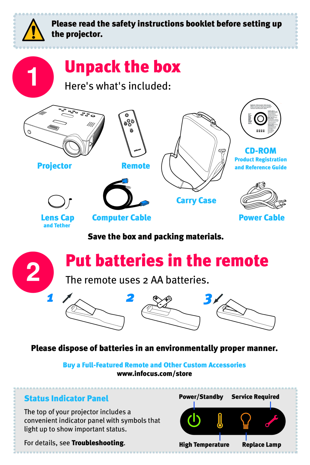 InFocus IN36 manual Unpack the box, Power/Standby Service Required High Temperature 