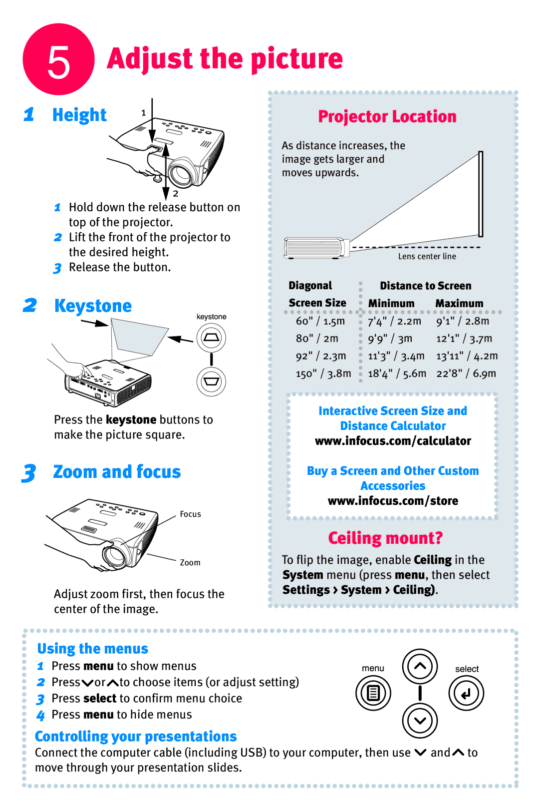 InFocus IN36 manual Adjust the picture, Height, Keystone, Zoom and focus 