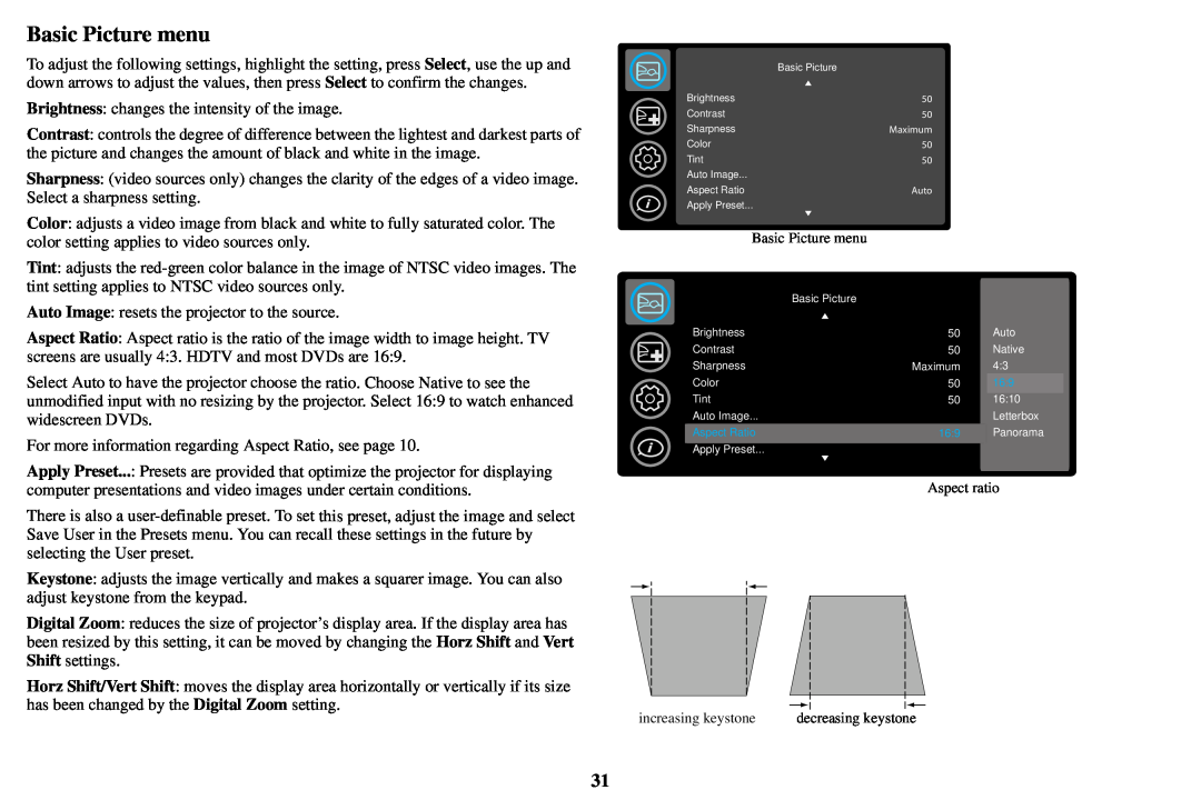 InFocus AA0021, IN3900, IN3916 manual Basic Picture menu 