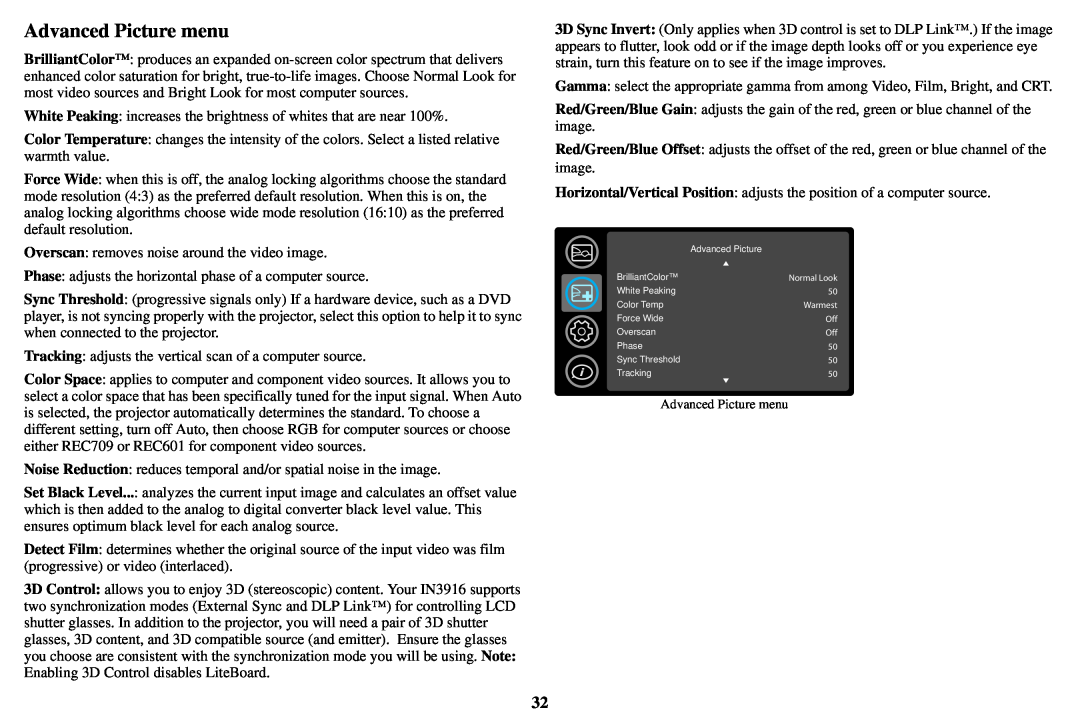 InFocus IN3900, IN3916, AA0021 manual Advanced Picture menu 