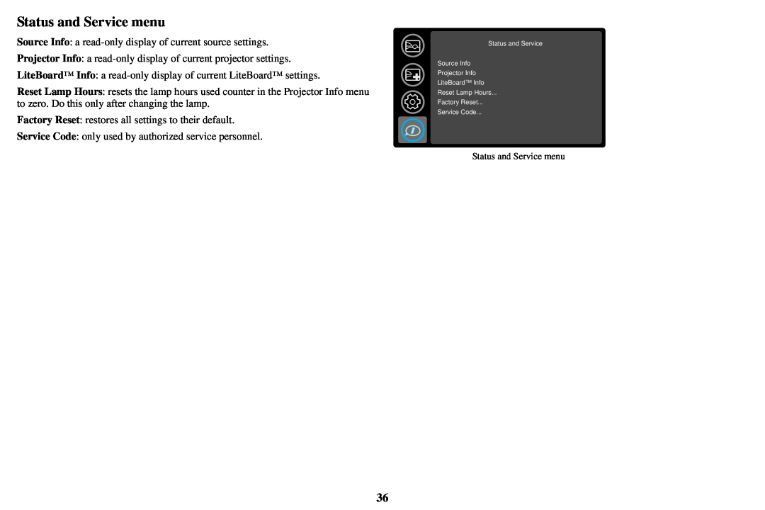 InFocus IN3916, IN3900, AA0021 manual Status and Service menu 