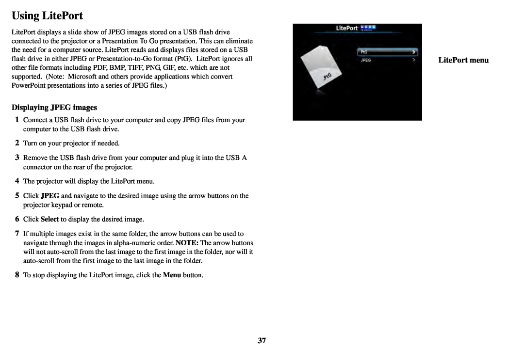 InFocus AA0021, IN3900, IN3916 manual Using LitePort, Displaying JPEG images 