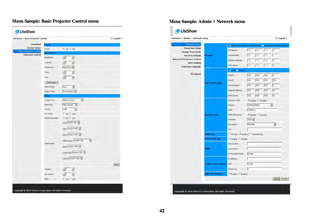 InFocus IN3916, IN3900, AA0021 manual Menu Sample Basic Projector Control menu, Menu Sample Admin Network menu 