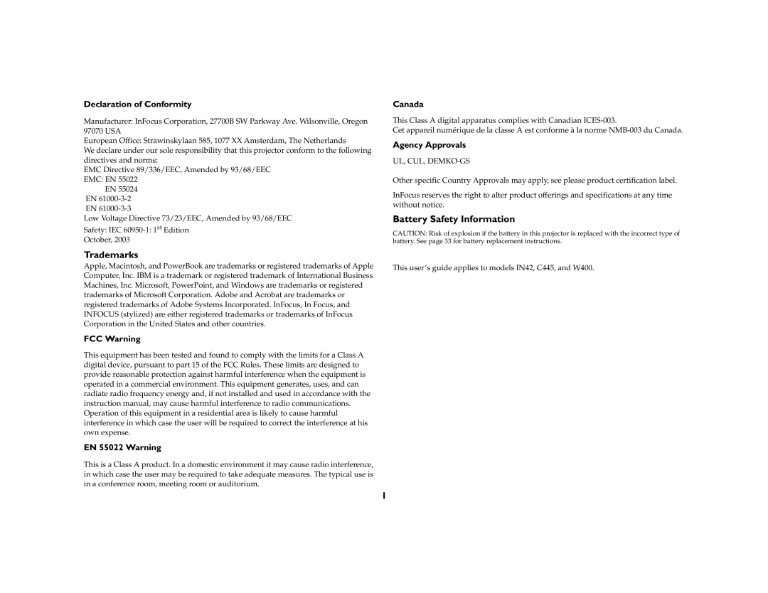 InFocus IN42ff manual Trademarks, Battery Safety Information 