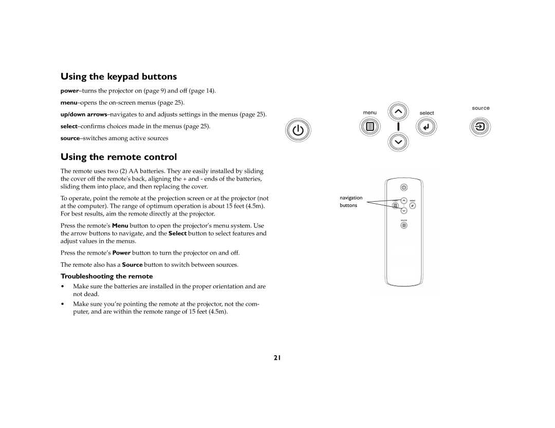 InFocus IN42ff manual Using the keypad buttons, Using the remote control, Troubleshooting the remote 