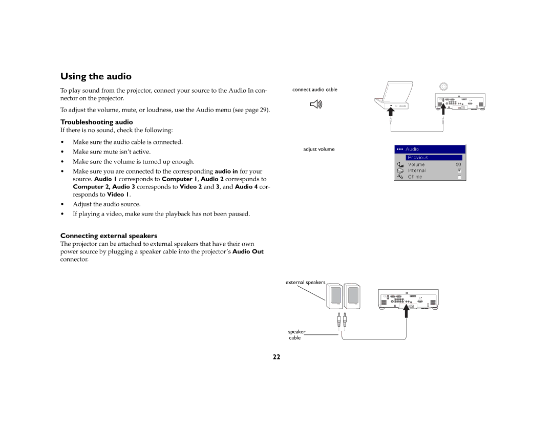 InFocus IN42ff manual Using the audio, Troubleshooting audio, Connecting external speakers 