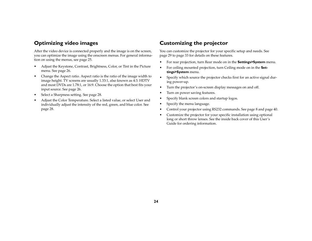 InFocus IN42ff manual Optimizing video images, Customizing the projector 