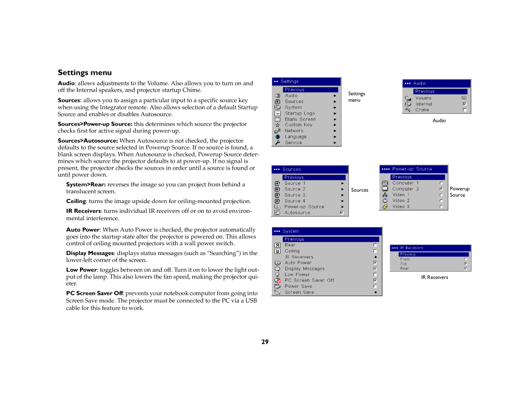 InFocus IN42ff manual Settings menu 