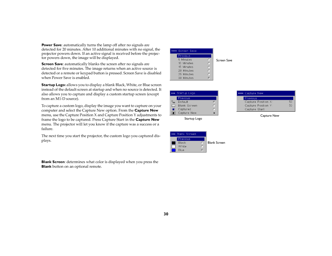 InFocus IN42ff manual Screen Save Capture New Startup Logo Blank Screen 