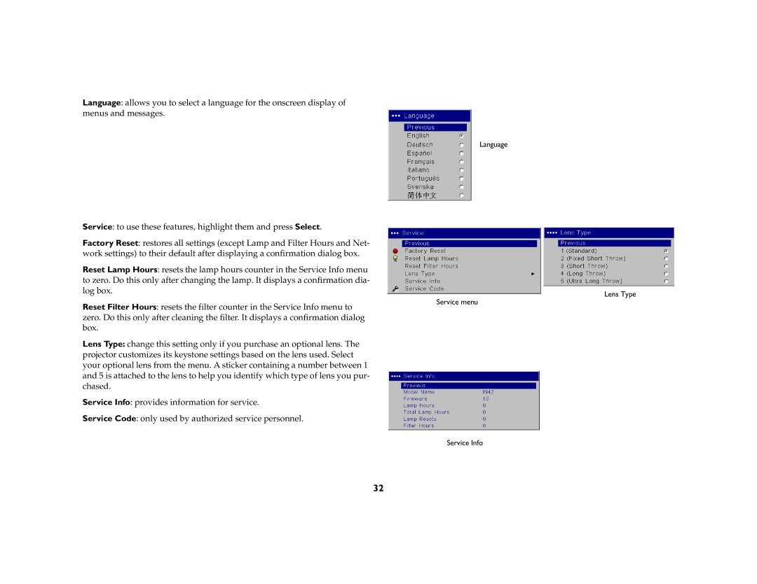 InFocus IN42ff manual Language Lens Type Service menu Service Info 