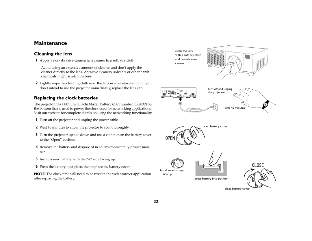 InFocus IN42ff manual Maintenance, Cleaning the lens, Replacing the clock batteries 