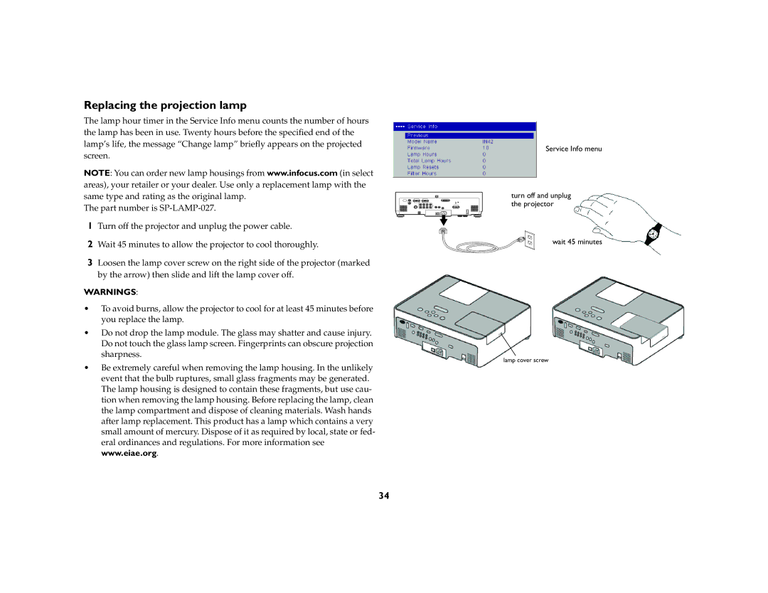 InFocus IN42ff manual Replacing the projection lamp 