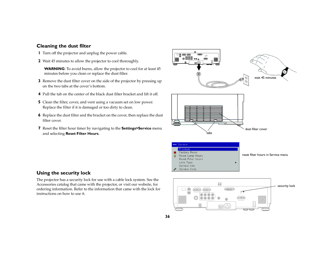 InFocus IN42ff manual Cleaning the dust filter, Using the security lock 