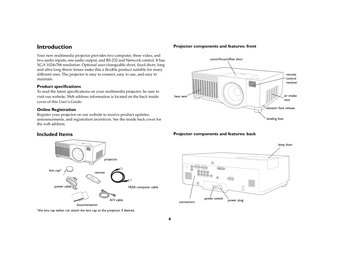 InFocus IN42ff manual Introduction, Included Items, Product specifications, Online Registration 