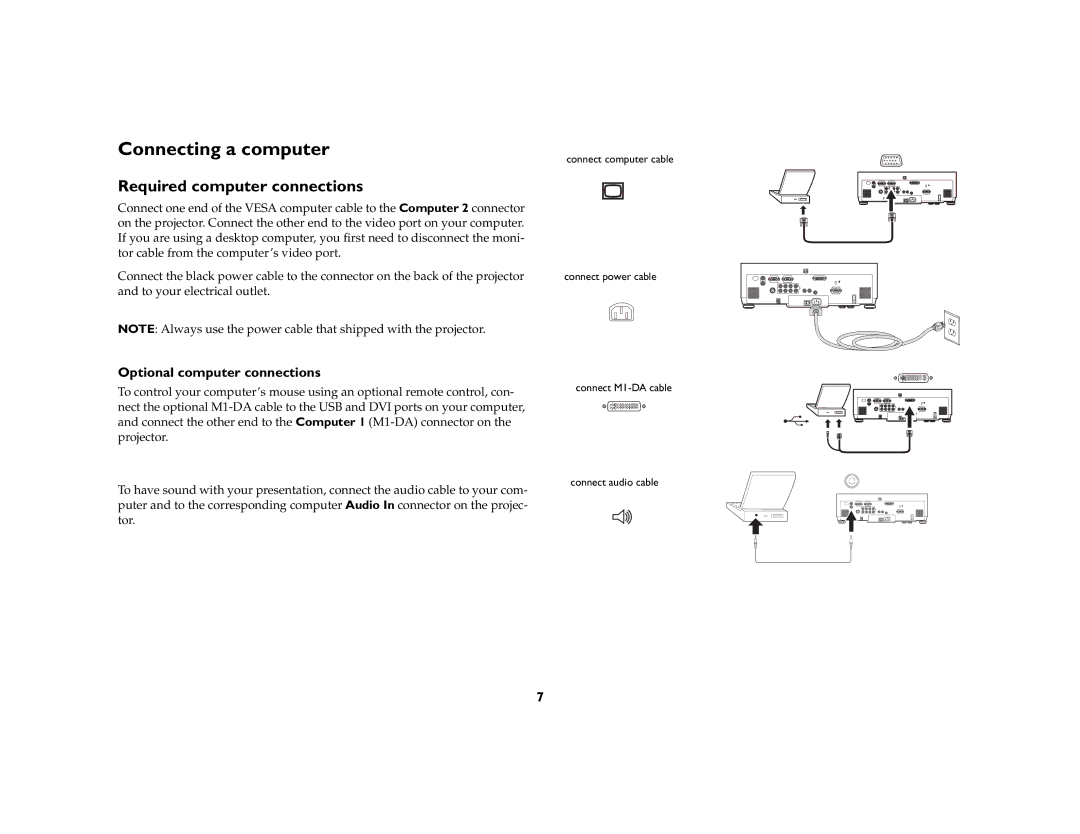 InFocus IN42ff manual Connecting a computer, Required computer connections, Optional computer connections 