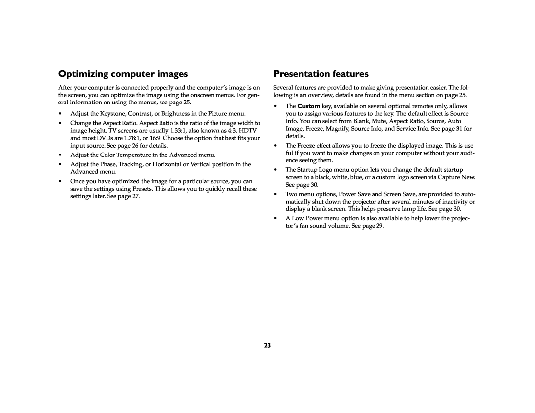 InFocus IN42ff manual Optimizing computer images, Presentation features 