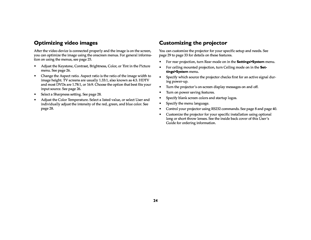 InFocus IN42ff manual Optimizing video images, Customizing the projector 