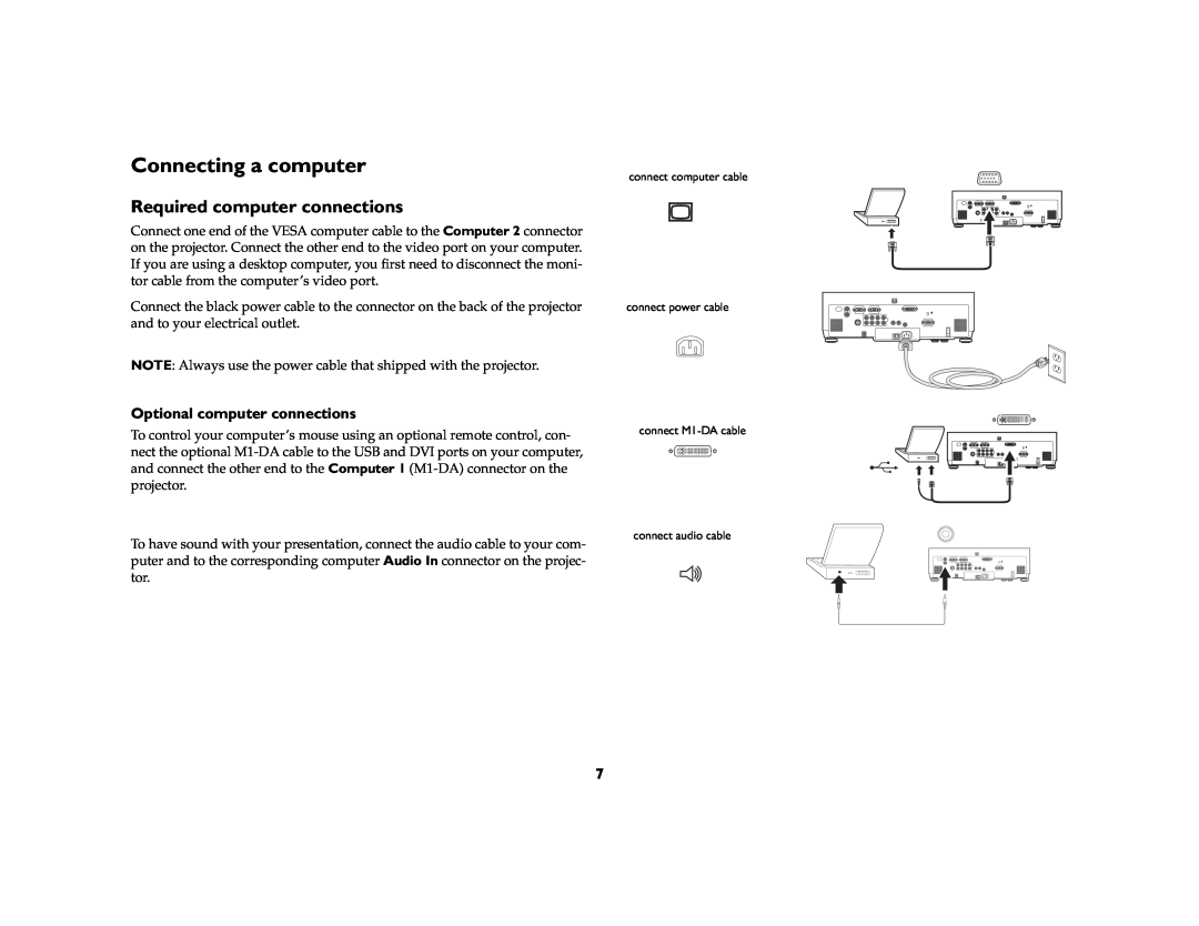 InFocus IN42ff manual Connecting a computer, Required computer connections, Optional computer connections 