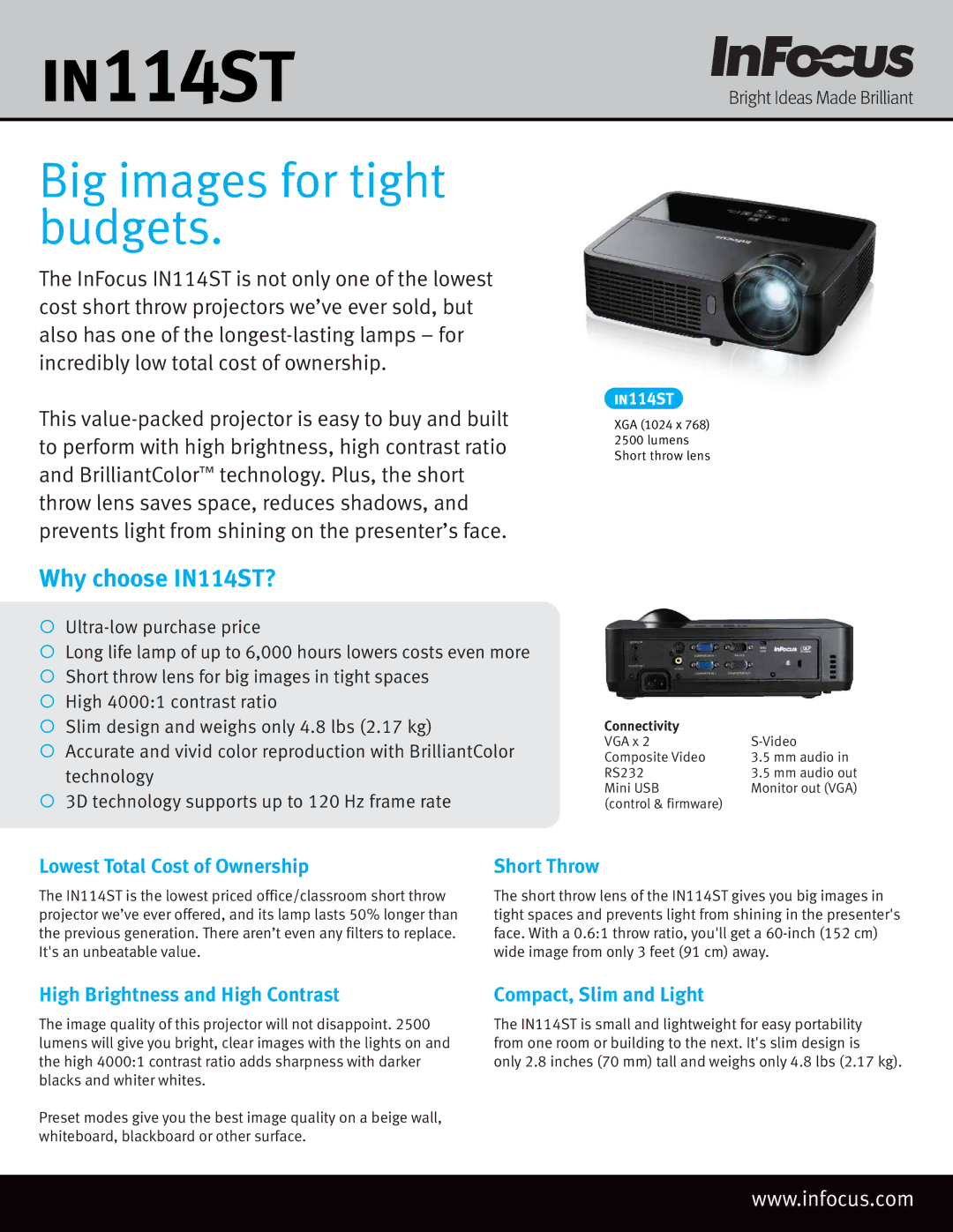 InFocus IN445T manual Lowest Total Cost of Ownership, Short Throw, High Brightness and High Contrast 