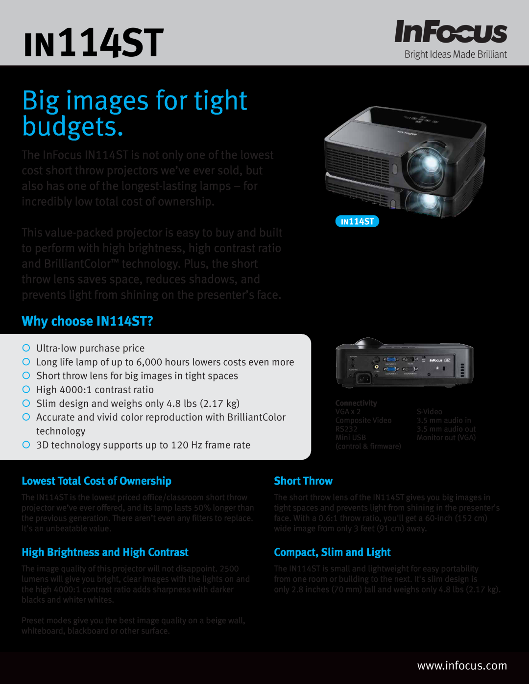 InFocus IN445T manual Big images for tight budgets, Why choose IN114ST? 