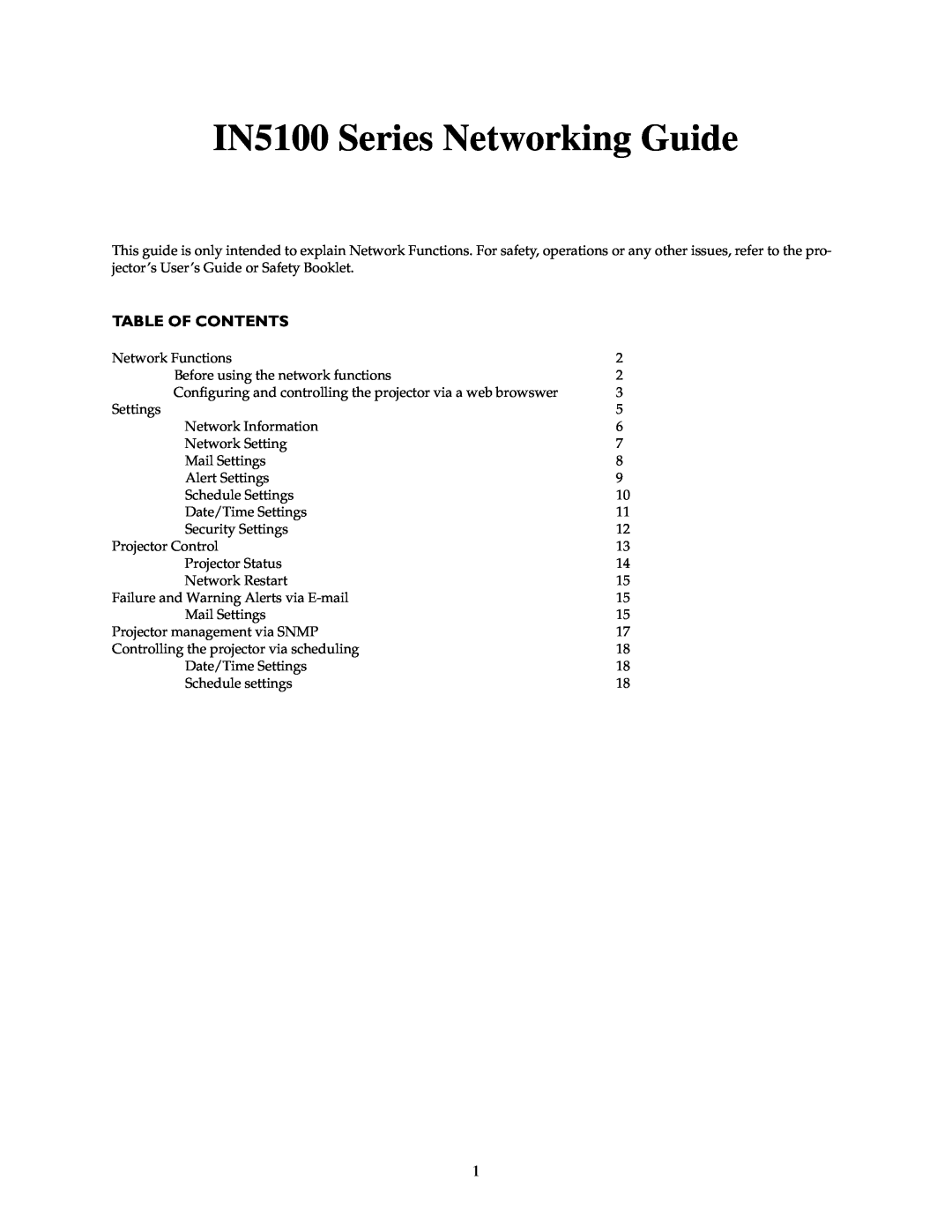 InFocus manual Table Of Contents, IN5100 Series Networking Guide 