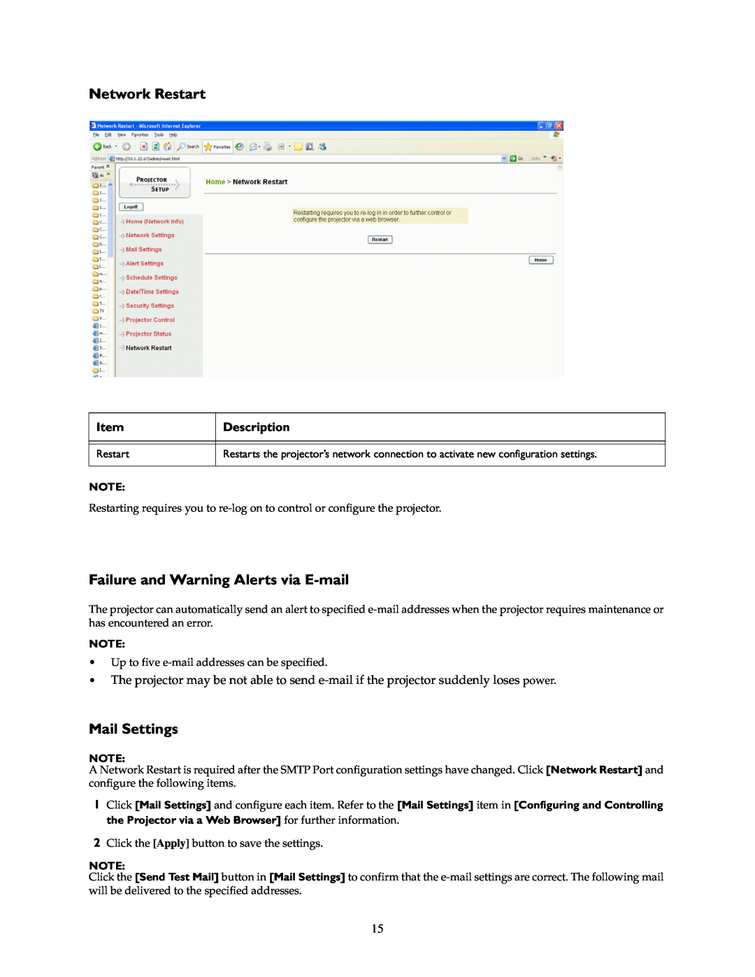 InFocus IN5100 manual Network Restart, Failure and Warning Alerts via E-mail, Mail Settings, Description 