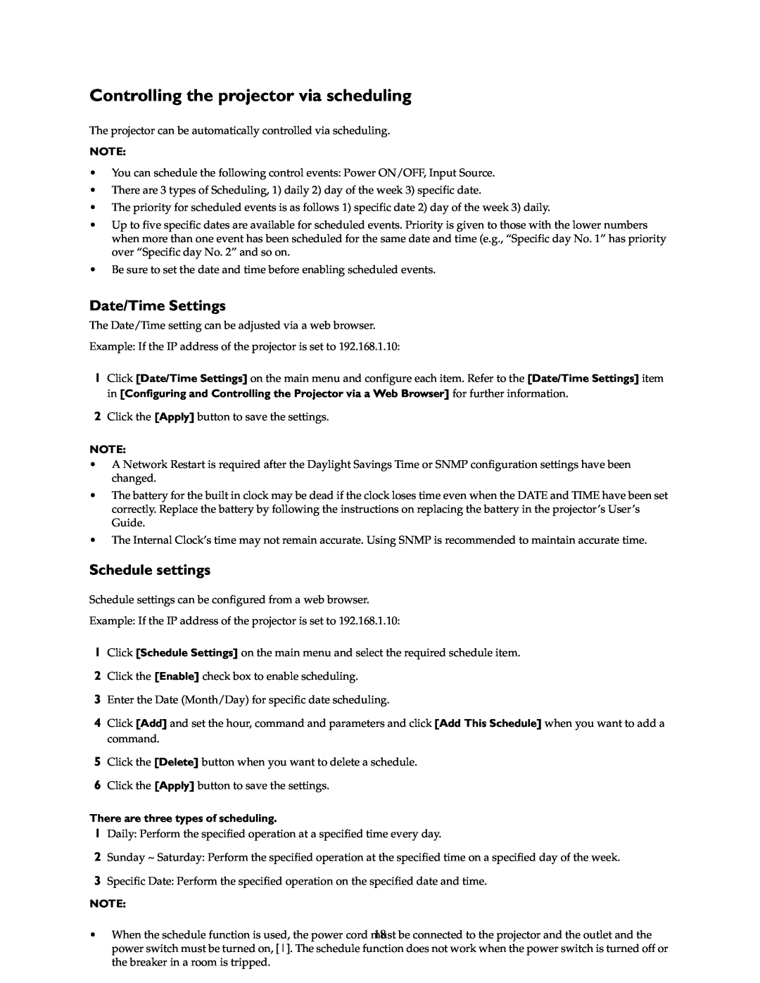 InFocus IN5100 manual Controlling the projector via scheduling, Schedule settings, There are three types of scheduling 